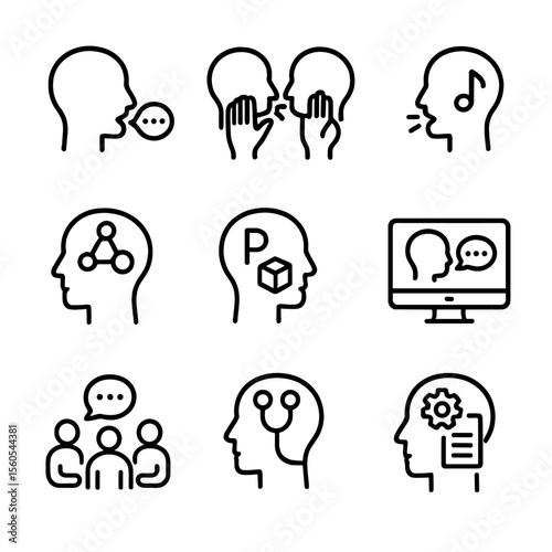 Neurorehabilitation Icons Grid. Outline icon set of neurorehabilitation approaches for language disorders: speech therapy,