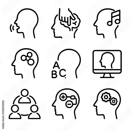 Neurorehabilitation Icons Grid. Outline icon set of neurorehabilitation approaches for language disorders: speech therapy,