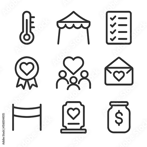 Nonprofit Icons Collection. Outline icon set of nonprofit fundraising goal: donation thermometer, fundraising event tent, donor