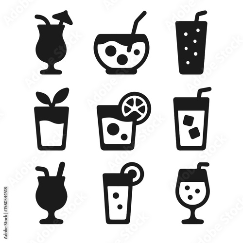 Non-Alcoholic Cocktail Icons. Solid, filled icon set of non-alcoholic cocktail styles: mocktail glass, fruit punch, soda mixer,