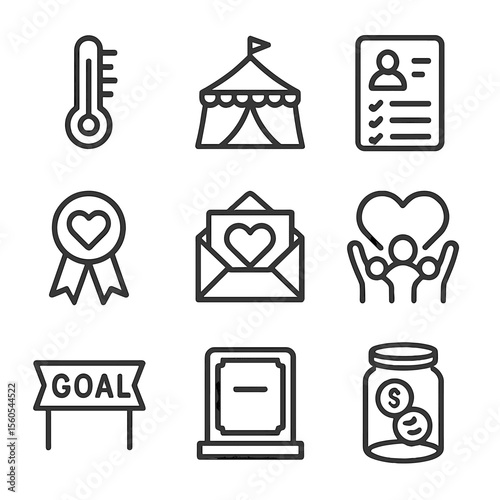 Nonprofit Icons Collection. Outline icon set of nonprofit fundraising goal: donation thermometer, fundraising event tent, donor