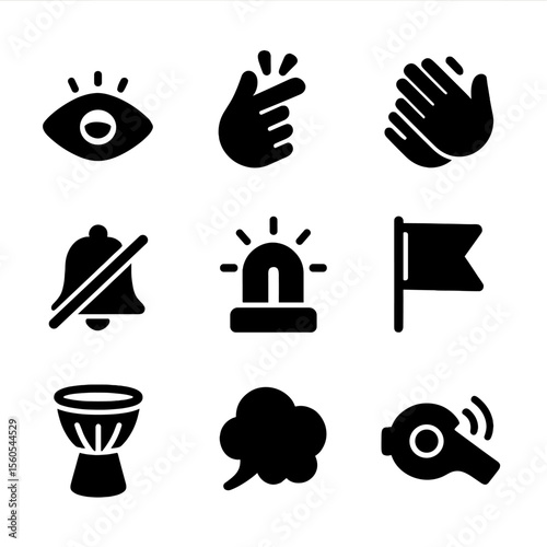 Nonverbal Communication Icons. Solid, filled icon set of Communication without words: eye blink, finger snap, hand clap, silent