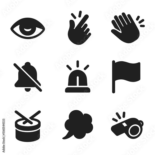 Nonverbal Communication Icons. Solid, filled icon set of Communication without words: eye blink, finger snap, hand clap, silent