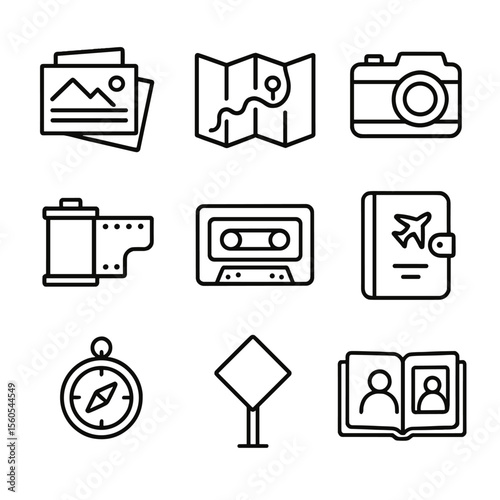 Nostalgic Travel Icons. Outline icon set of nostalgic road trip keepsakes: vintage postcards, old map, retro camera, film roll,