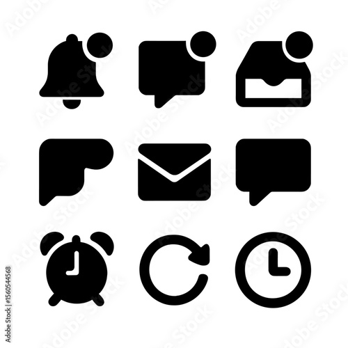 Notification Icon Grid. Solid, filled icon set of follower notifications: bell icon, red badge, message alert, inbox icon, push