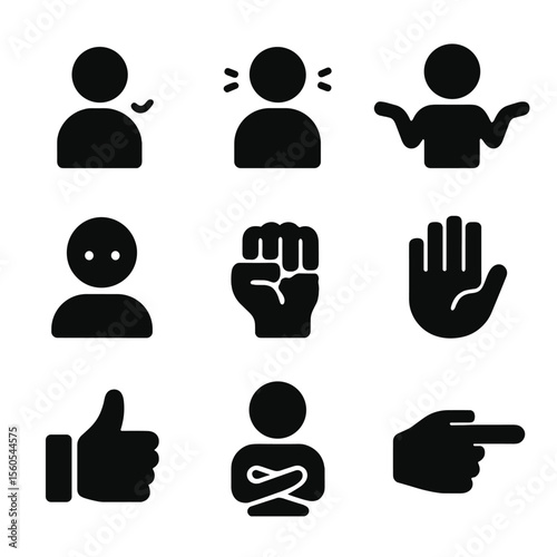 Nonverbal Cue Icons. Solid, filled icon set of Nonverbal cues: nodding head, shaking head, shrugging shoulders, raised eyebrow,