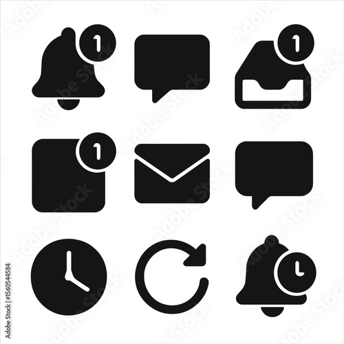 Notification Icon Grid. Solid, filled icon set of follower notifications: bell icon, red badge, message alert, inbox icon, push