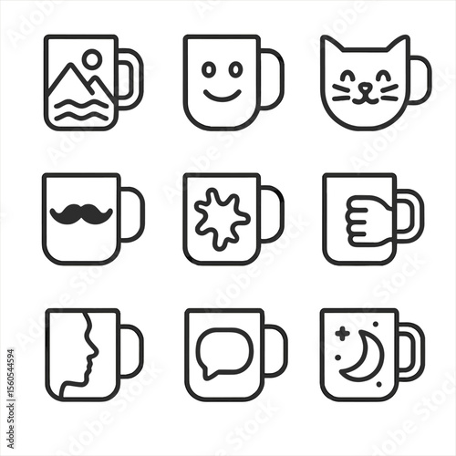 Novelty Mug Icons. Outline icon set of Novelty Coffee Mugs: travel slogan mug, emoji face mug, animal-shaped mug, mustache mug,