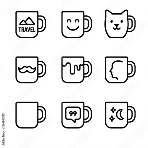 Novelty Mug Icons. Outline icon set of Novelty Coffee Mugs: travel slogan mug, emoji face mug, animal-shaped mug, mustache mug,
