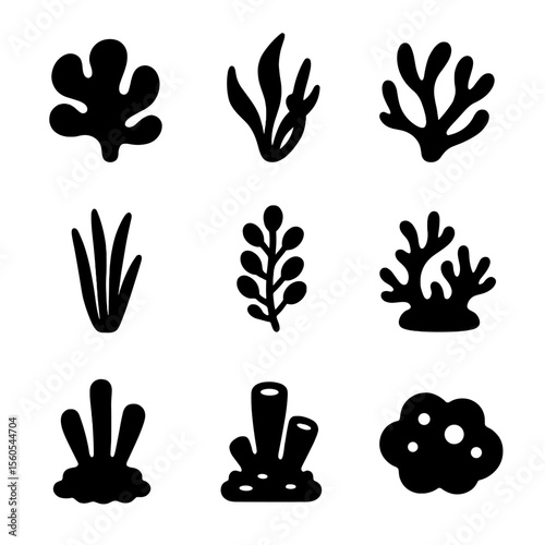 Ocean Flora Icons. Solid, filled icon set of ocean flora in tidal pools: green algae, brown kelp, red seaweed, seagrass blade,