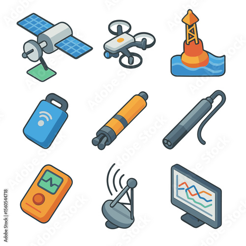 Ocean Monitoring Tools. Isometric Flat icon set of remote ocean monitoring tools: satellite imaging satellite, aerial drone, buoy