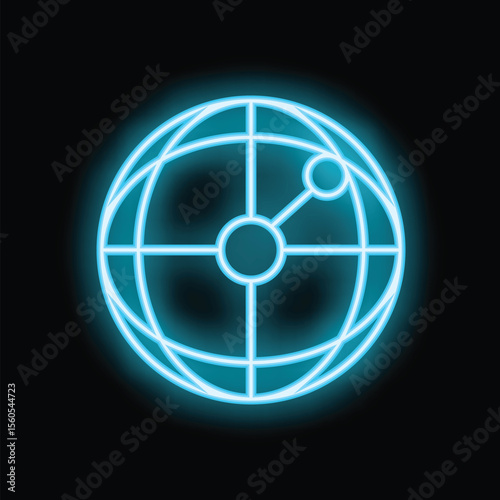 Glowing blue neon sign of a globe with dots connected representing global network connection on a black background