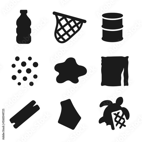 Ocean Pollution Icons. Solid, filled icon set of ocean pollution debris: plastic bottle, fishing net, floating barrel,
