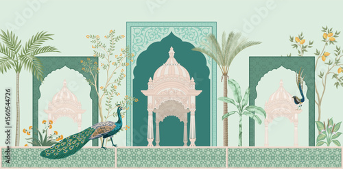 Traditional Mughal garden arch, peacock palace illustration frame for wedding invitation