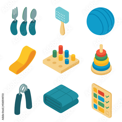 Occupational Therapy Tools. Isometric Flat icon set of occupational therapy session: adaptive utensils, sensory brush, therapy