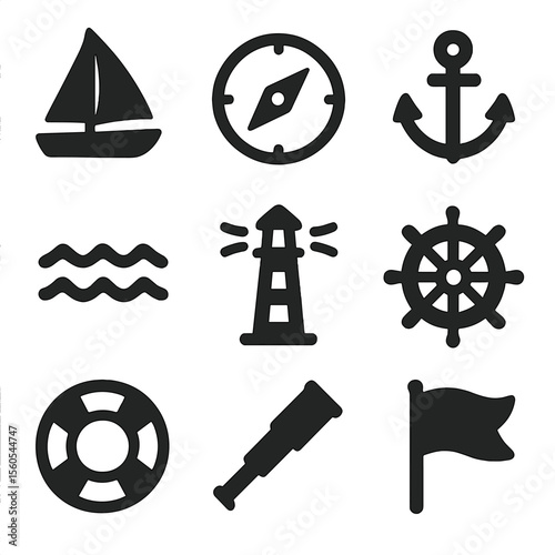 Ocean Sailing Icons. Solid, filled icon set of sailing on the ocean: sailboat, compass, anchor, waves, lighthouse, steering wheel,
