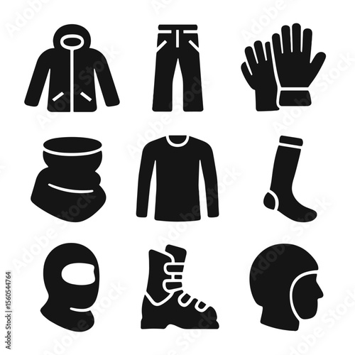 Off-Piste Ski Gear Icons. Solid, filled icon set of off-piste skiing apparel: insulated jacket, ski pants, gloves, neck gaiter,