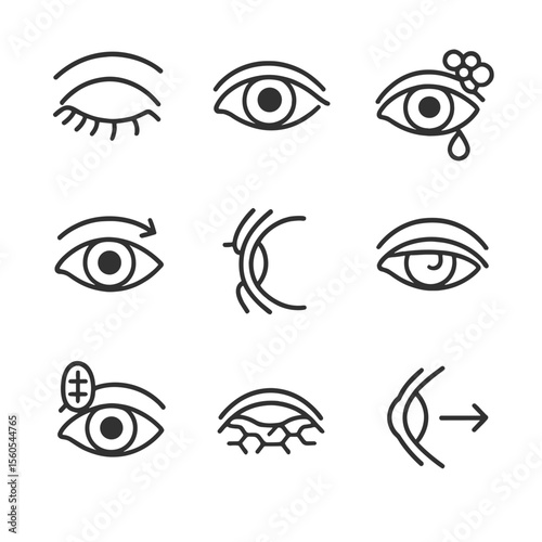 Ocular Protection Icons. Outline icon set of ocular protective mechanisms: eyelid, eyelash, tear film, blink reflex, conjunctiva,