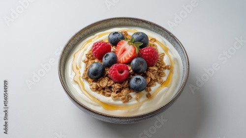 A delightful bowl of yogurt topped with fresh berries, granola, and honey drizzle, presented on a minimalist white background