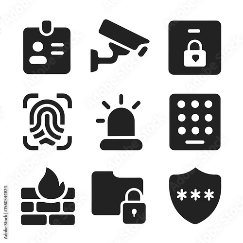 Office Security Icons. Solid, filled icon set of office security and access: keycard, security camera, locked drawer, biometric