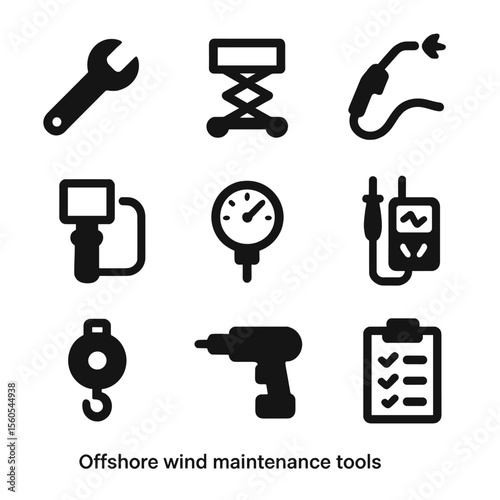 Offshore Maintenance Tools Icons. Solid, filled icon set of offshore wind maintenance tools: wrench, hydraulic lift, welding torch