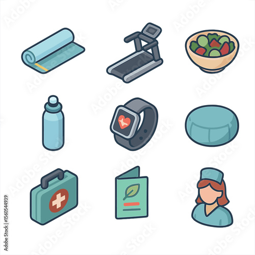 Office Wellness Icons. Isometric Flat icon set of office wellness programs: yoga mat, treadmill, healthy salad bowl, water bottle,