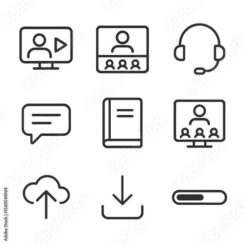 Online Learning Icons. Outline icon set of Online Learning: video lecture, webinar screen, headset, chat bubble, e-book, virtual