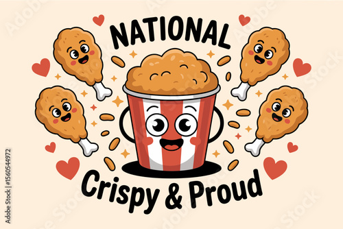 National crispy and proud fried chicken day badge logo with bucket and smiling tenders for yummy event print  