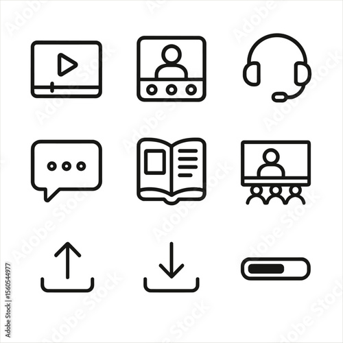 Online Learning Icons. Outline icon set of Online Learning: video lecture, webinar screen, headset, chat bubble, e-book, virtual