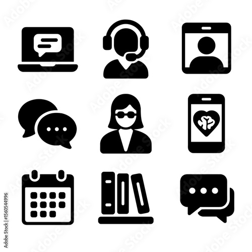 Online Mental Health Tools. Solid, filled icon set of online mental health support tools: laptop with chat, smartphone with