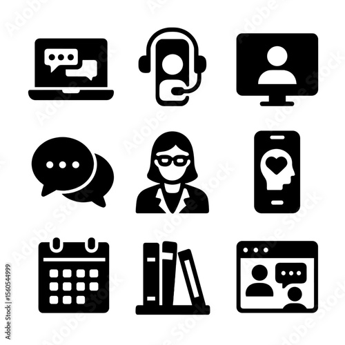 Online Mental Health Tools. Solid, filled icon set of online mental health support tools: laptop with chat, smartphone with