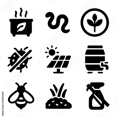 Organic Farming Icons. Solid, filled icon set of organic farming: compost, earthworm, crop circle, natural pest control, solar