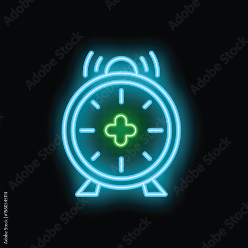 Neon clock ringing with a green cross in the middle, reminding you to take your medication on time