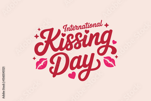 International kissing day romantic lettering with hearts and lips swirl for sweet love theme vector design  