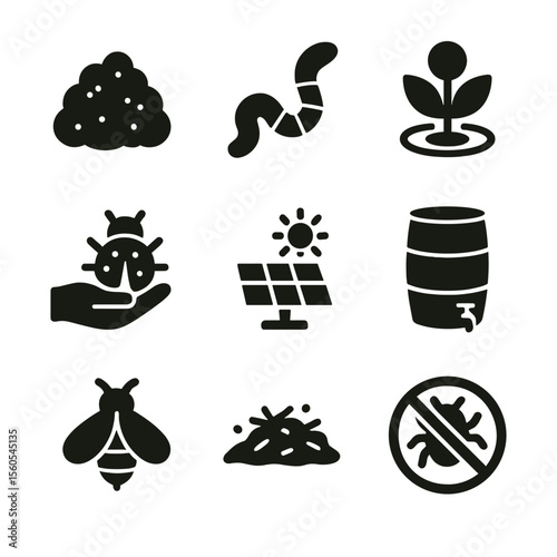 Organic Farming Icons. Solid, filled icon set of organic farming: compost, earthworm, crop circle, natural pest control, solar