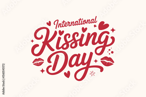 Kissing day celebration design in calligraphy style with lovely pink hearts and lipstick kiss icon badge  