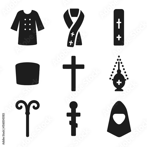 Orthodox Clergy Icons. Solid, filled icon set of Eastern Orthodox clergy attire: sakkos, omophorion, epitrachelion, phelonion,