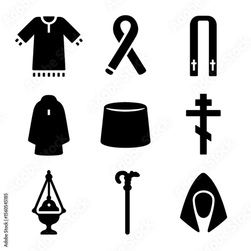 Orthodox Clergy Icons. Solid, filled icon set of Eastern Orthodox clergy attire: sakkos, omophorion, epitrachelion, phelonion,