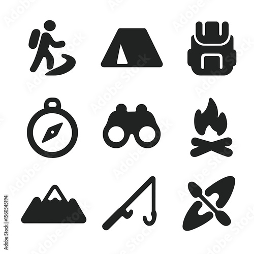 Outdoor Activity Icons Grid. Solid, filled icon set of outdoor activities: hiking trail, camping tent, backpack, compass,