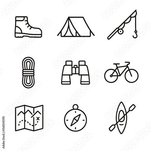 Outdoor Adventure Icons. Outline icon set of Outdoor Adventure Hobbies: hiking boot, camping tent, fishing rod, kayak, climbing
