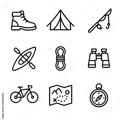 Outdoor Adventure Icons. Outline icon set of Outdoor Adventure Hobbies: hiking boot, camping tent, fishing rod, kayak, climbing
