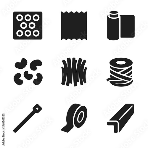 Packaging Icons Grid. Solid, filled icon set of packaging materials: bubble wrap, corrugated sheet, stretch film, foam peanuts,