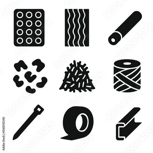 Packaging Icons Grid. Solid, filled icon set of packaging materials: bubble wrap, corrugated sheet, stretch film, foam peanuts,