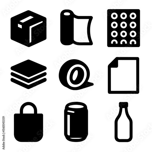 Packaging Icon Grid. Solid, filled icon set of packaging materials: cardboard, plastic film, bubble wrap, foam, tape, paperboard,