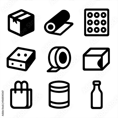 Packaging Icon Grid. Solid, filled icon set of packaging materials: cardboard, plastic film, bubble wrap, foam, tape, paperboard,