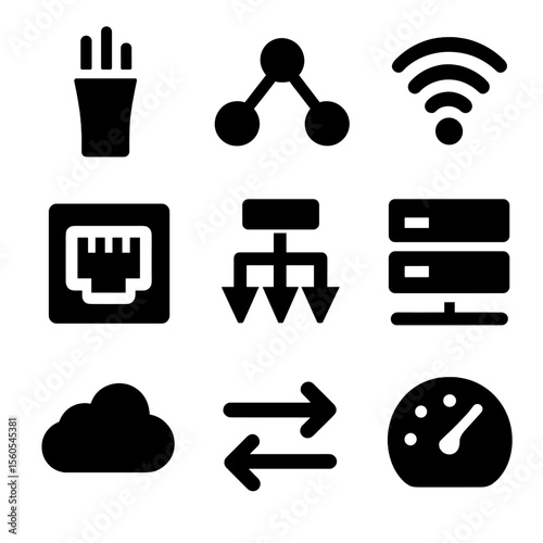 Data Transmission Icons. Solid, filled icon set of data transmission channels: fiber cable, network node, signal icon, Ethernet