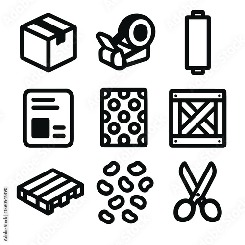 Packaging Icon Set. Solid, filled icon set of packaging and shipping materials: cardboard box, tape dispenser, stretch wrap,
