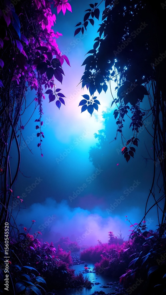 Obraz premium A mystical dark forest filled with towering trees, their trunks cloaked in shadows. Vibrant pink flowers bloom amidst the underbrush, adding a pop of color.