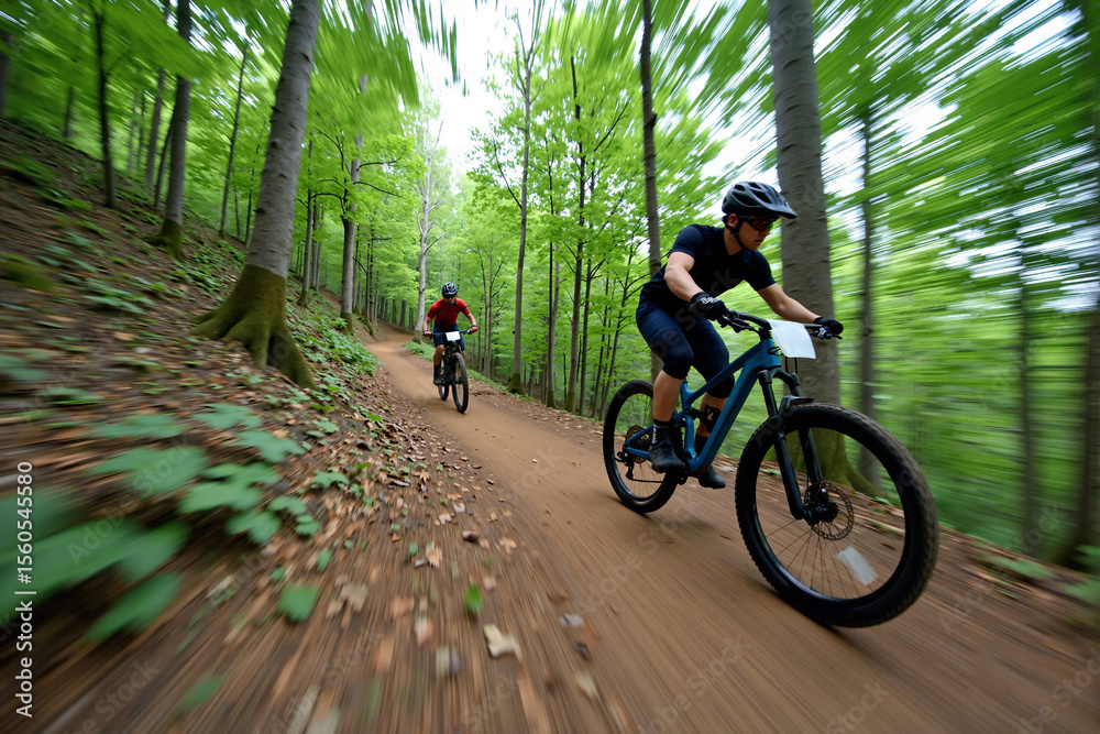 Fototapeta premium Dynamic motion-blur photo of a mountain biker riding at high speed on a singletrack trail through a lush green forest, capturing the thrill of extreme sports, outdoor adventure