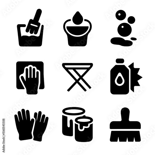 Paint Cleaning Icons. Solid, filled icon set of paint cleaning and maintenance: paint wash, water rinse, soap bubbles, cloth wipe,